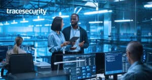 Business professionals discussing cybersecurity strategies in a high-tech office.